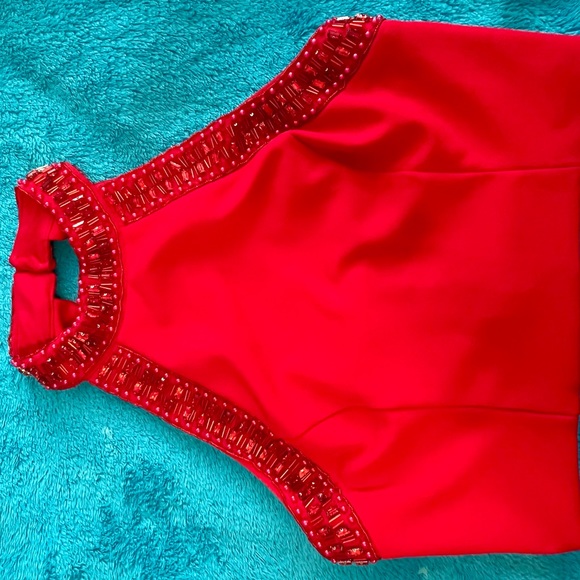 Red Prom Dress with Bead Trim - Picture 11 of 13